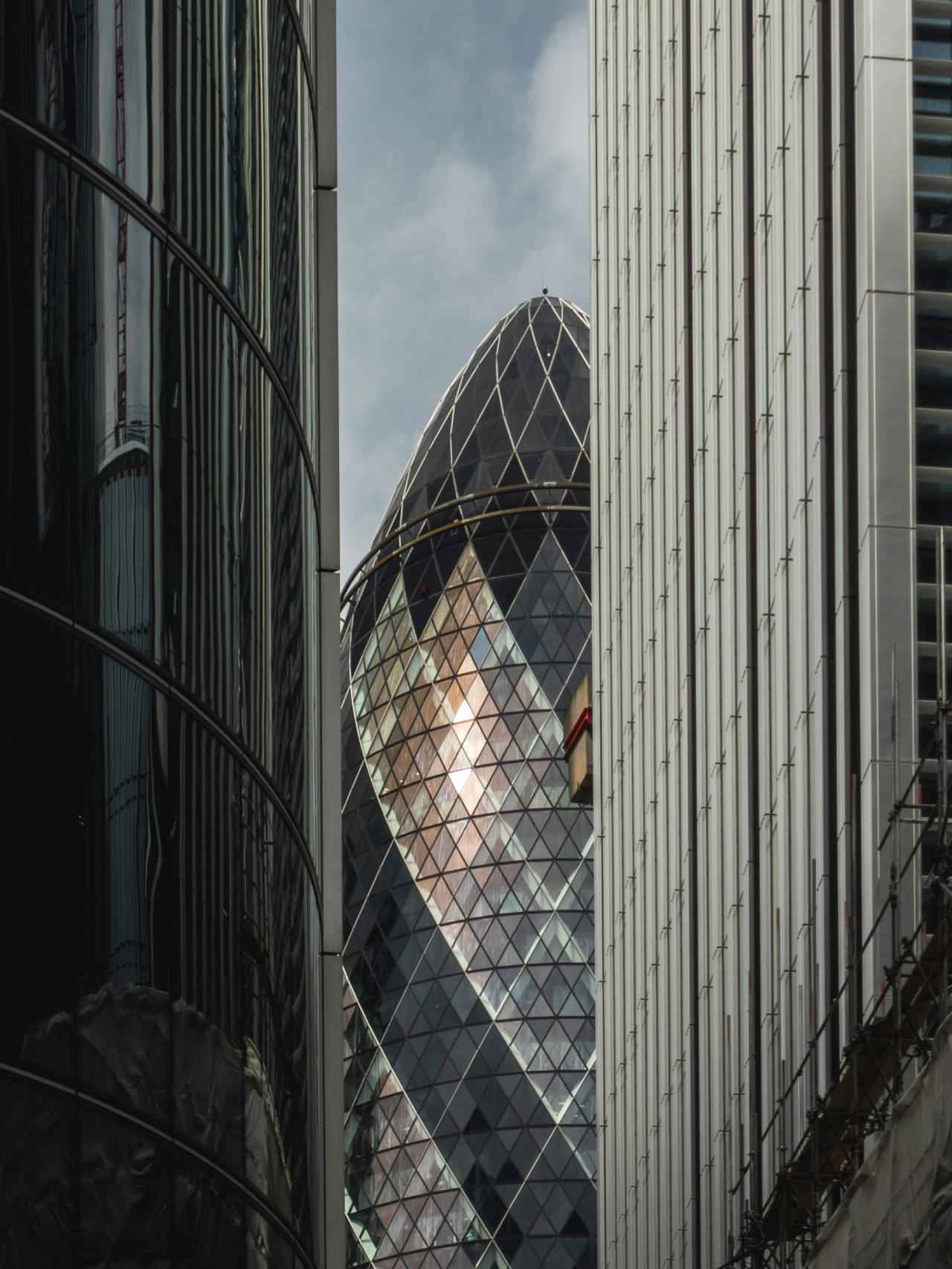 View of the Gherkin building in city of Lonon between two other buildings | Mobius