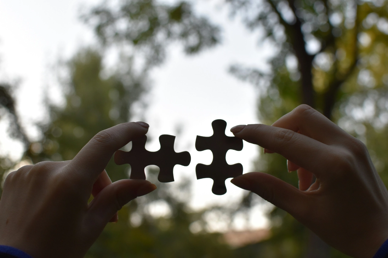 Person holding up 2 pieces of a jigsaw to see if they fit together | Mobius